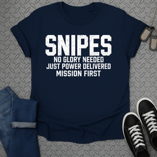 Navy t-shirt with "SNIPES NO GLORY NEEDED MISSION FIRST" in white text.