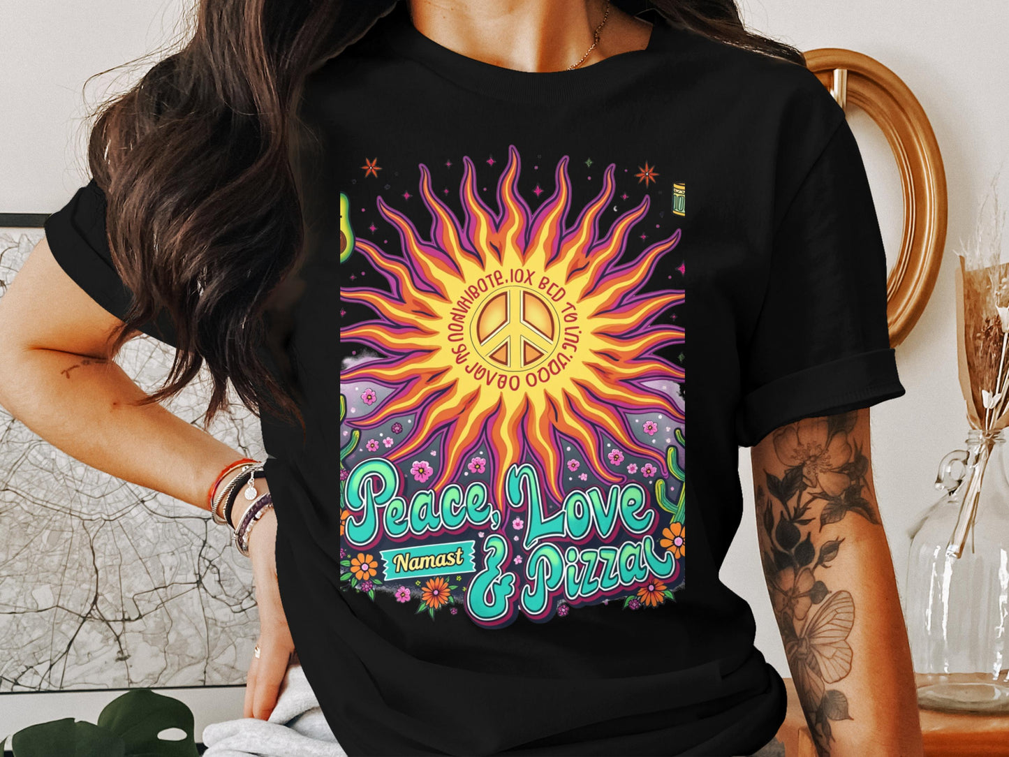 Peace Love and Pizza Sunburst Artistic T-Shirt product type
