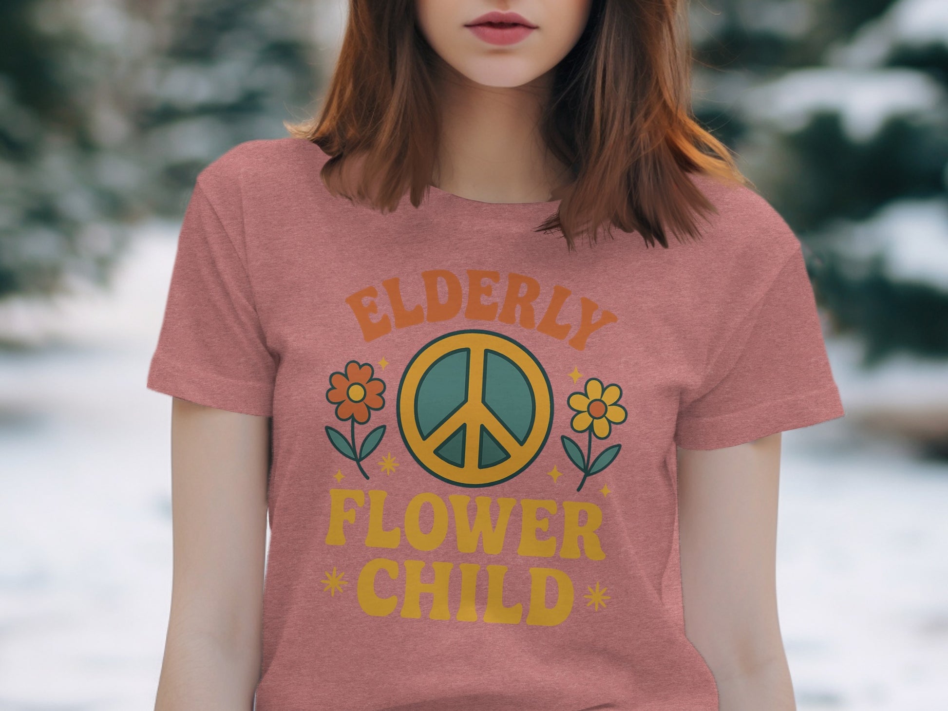 Elderly Flower Child Peace Sign Graphic T-shirt product type