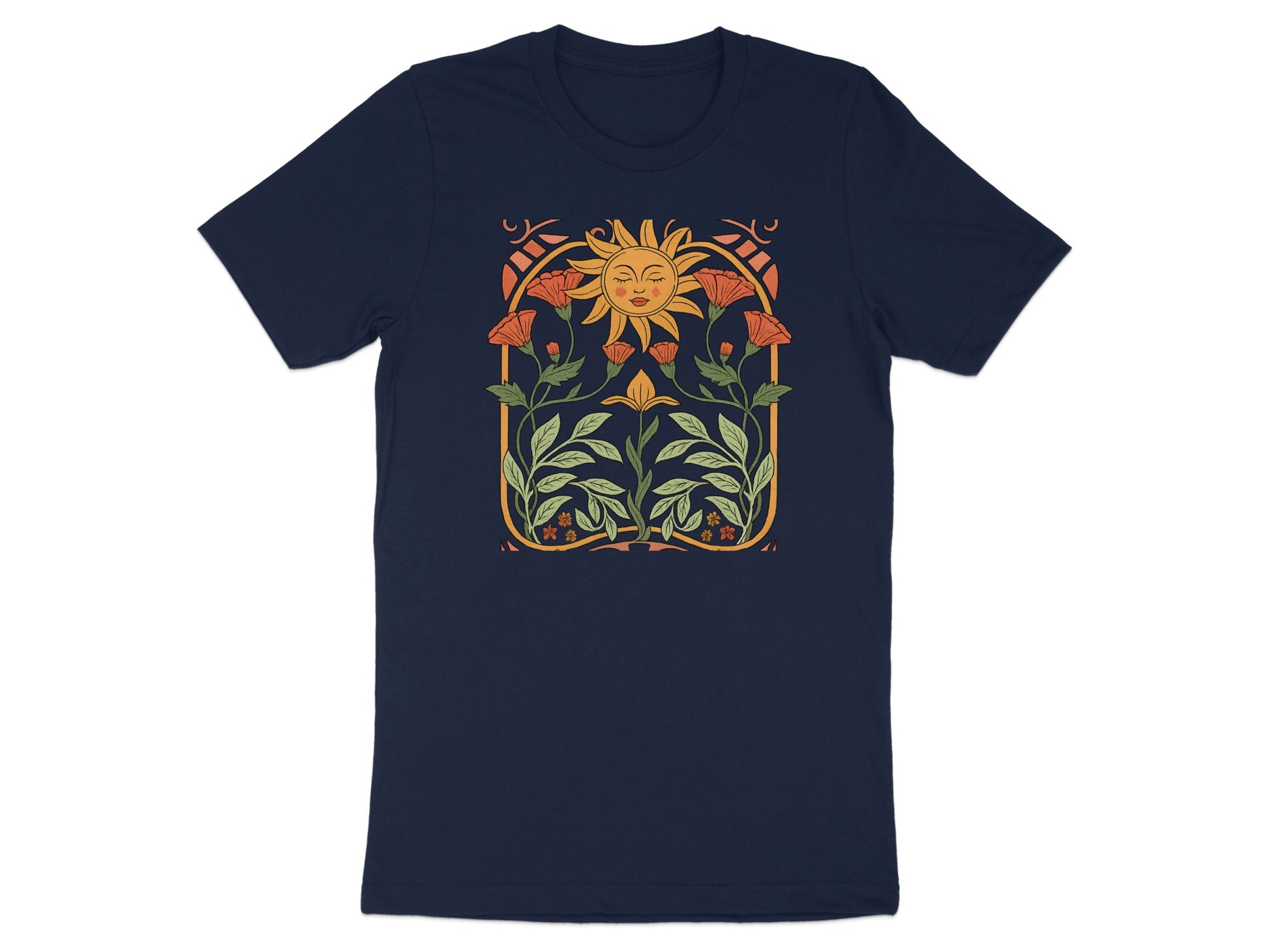 Sun and Plants Design on Navy Blue Graphic T-Shirt product