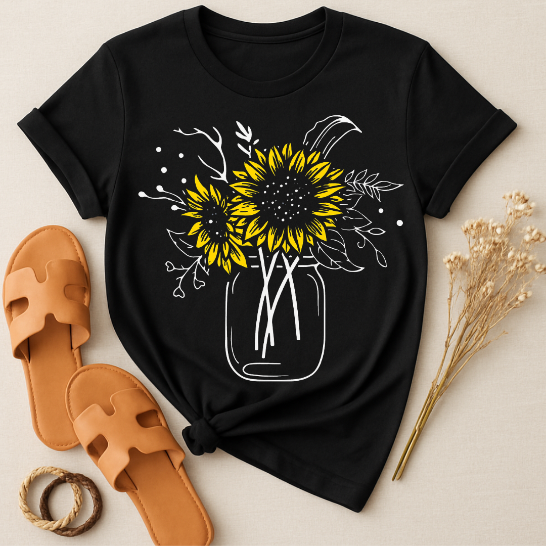 Sunflower Bouquet Graphic Tee Black Short Sleeve