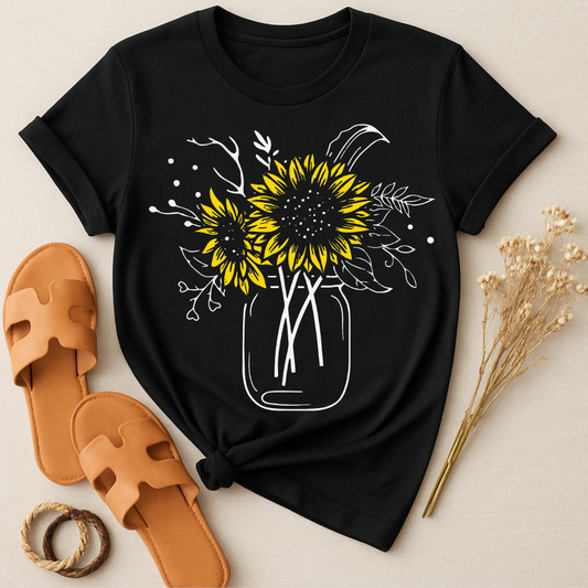 Sunflower Bouquet Graphic Tee Black Short Sleeve