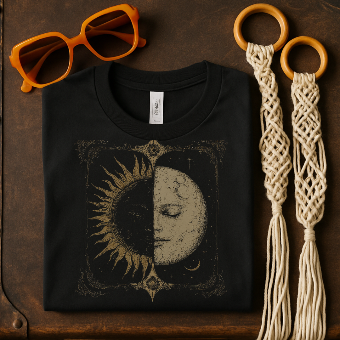 Celestial Sun Moon Face Graphic Tee Shirt