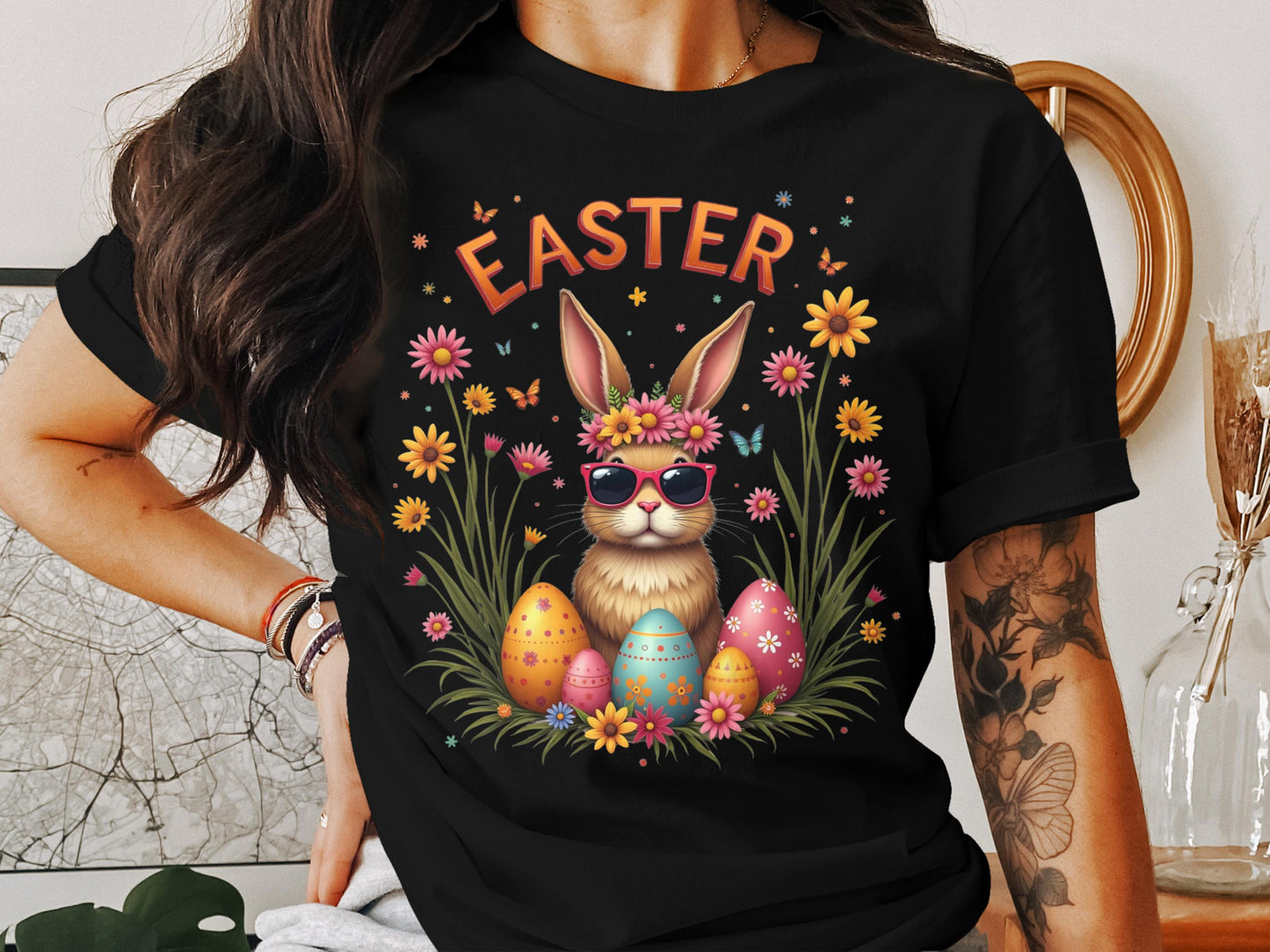 Easter Bunny T-Shirt with Sunglasses and Eggs product type