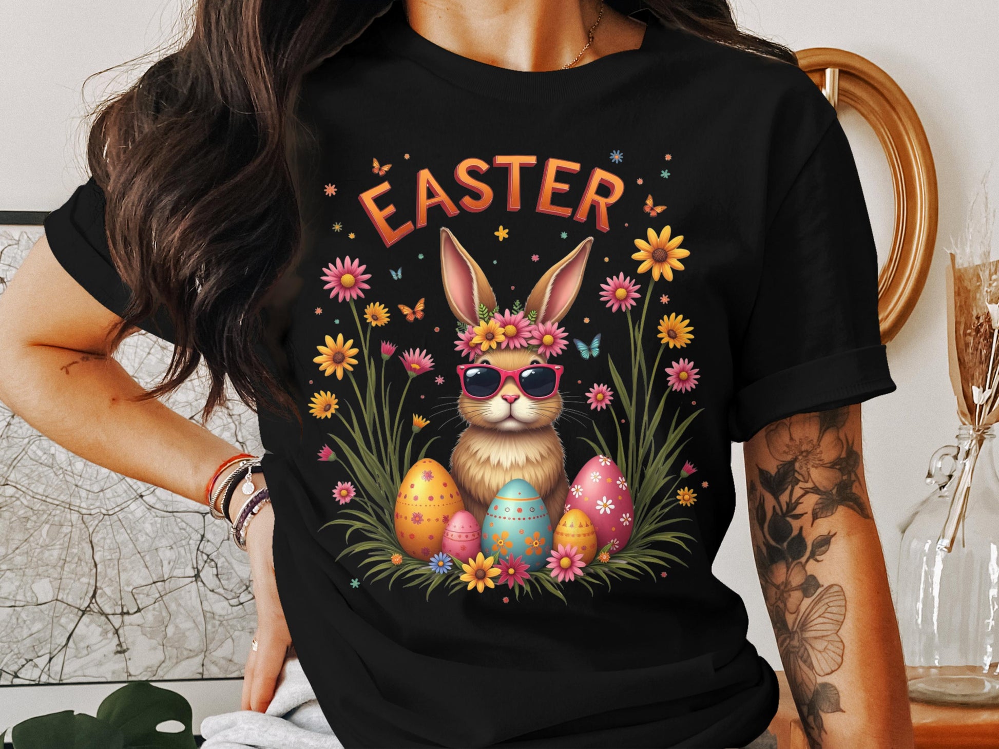 Easter Bunny T-Shirt with Sunglasses and Eggs product type