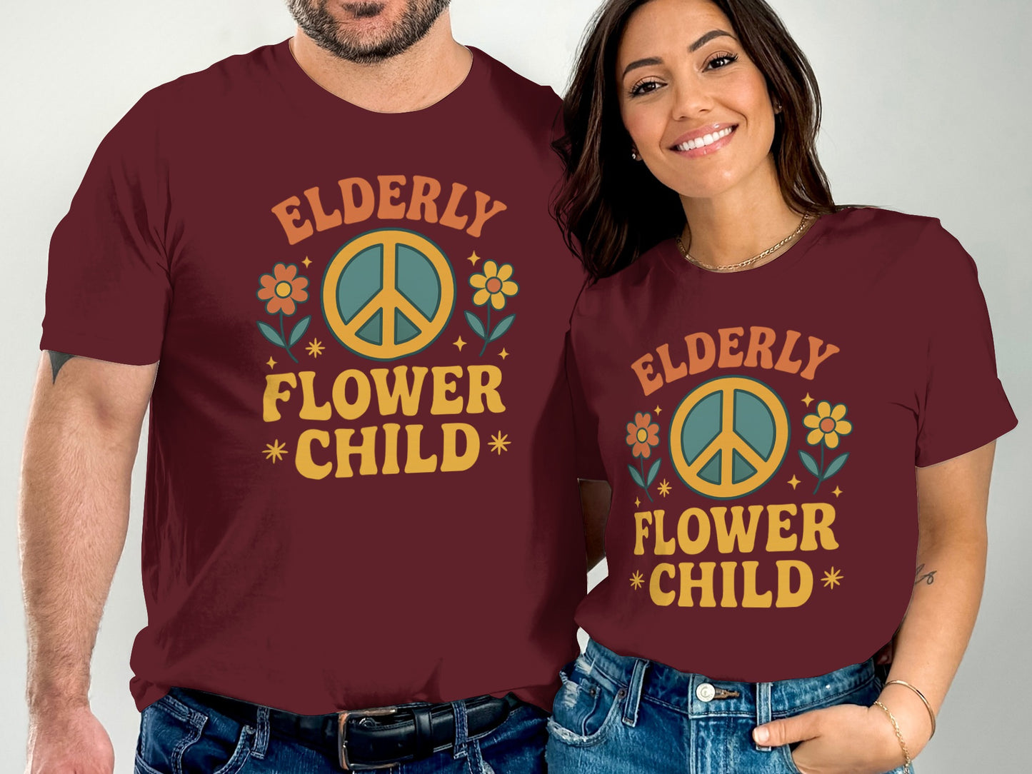 Elderly Flower Child Peace Sign Graphic Shirt product