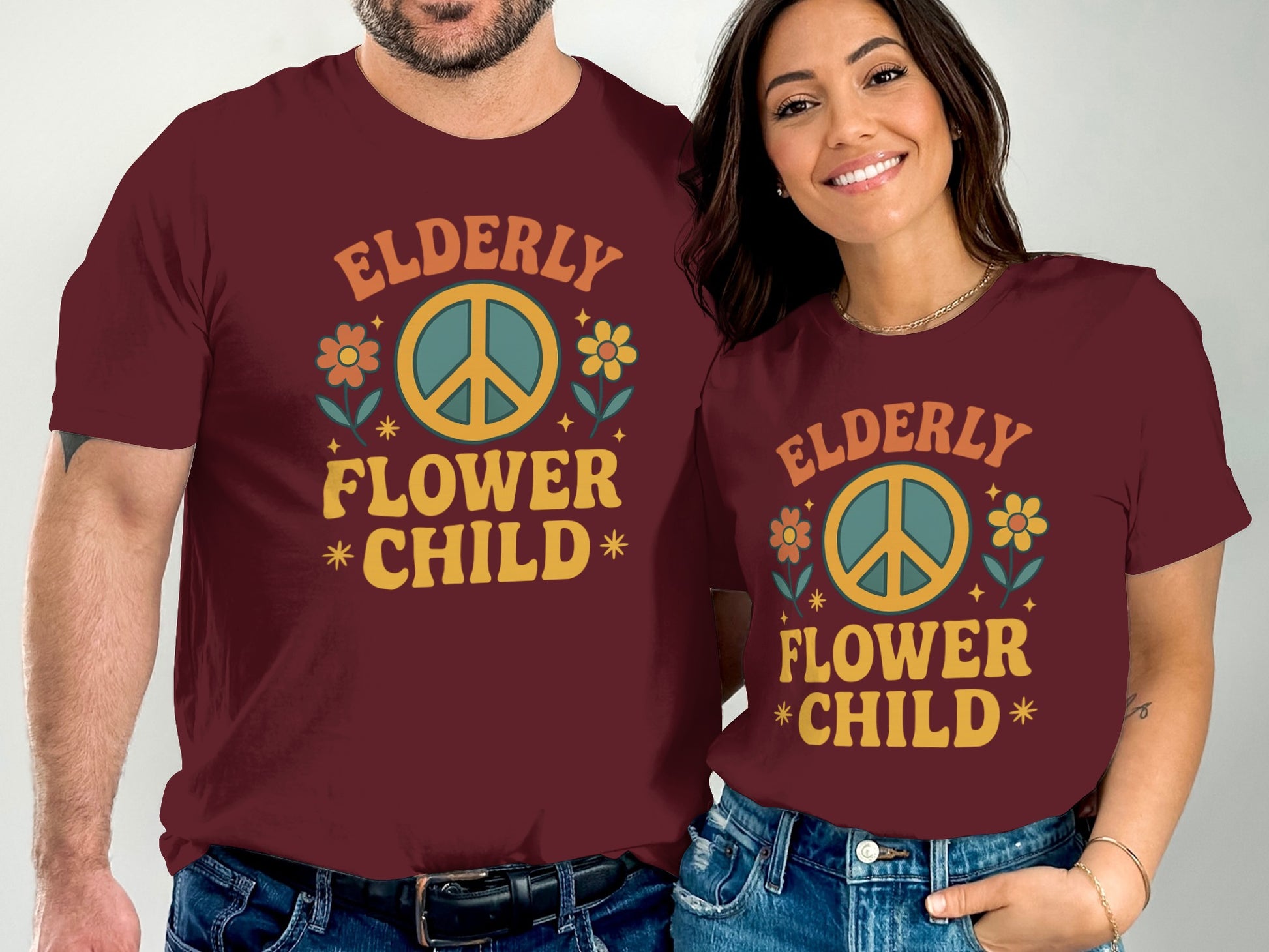 Elderly Flower Child Peace Sign Graphic Shirt product