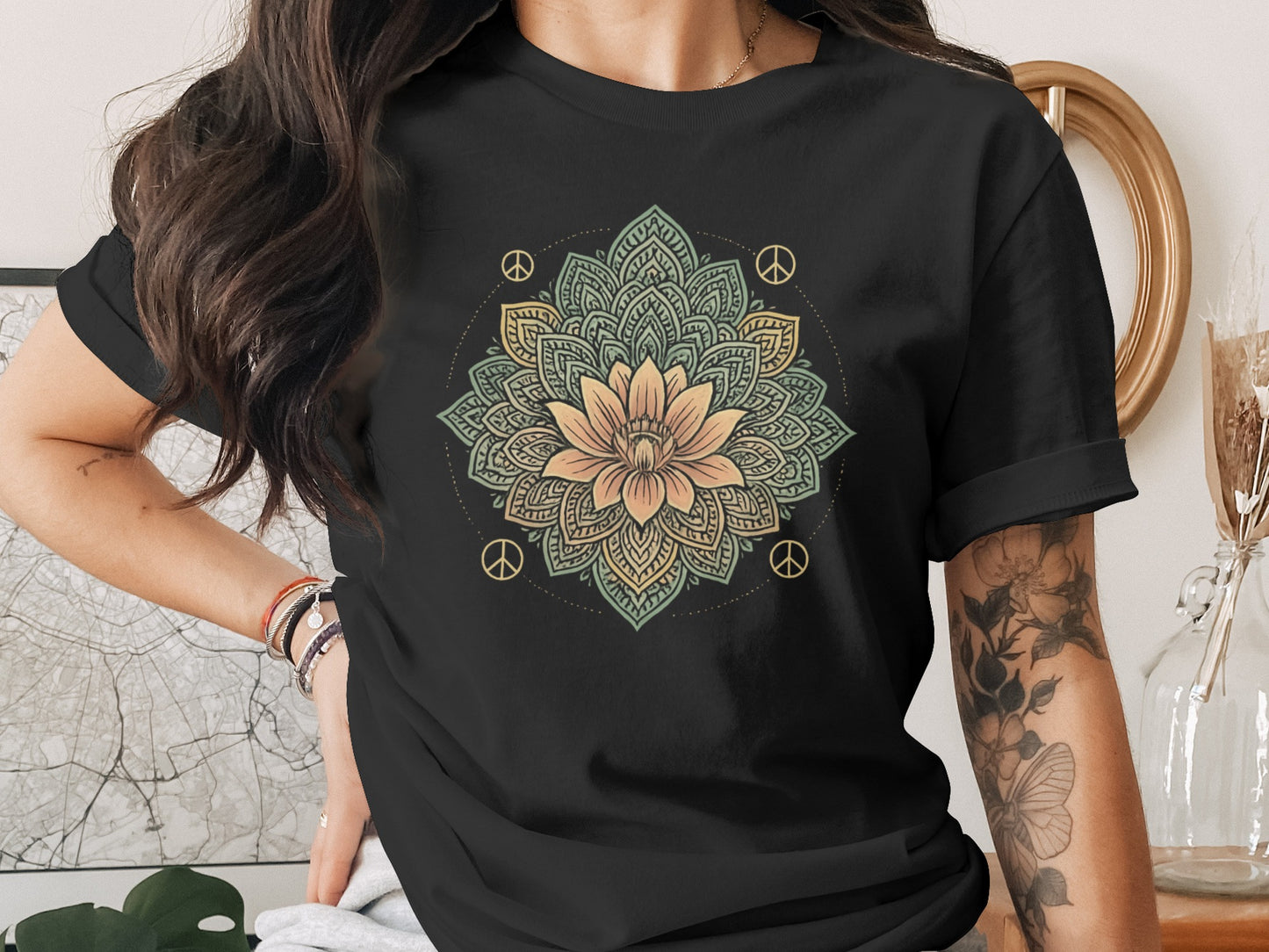 Floral Mandala Design with Peace Signs T-shirt product