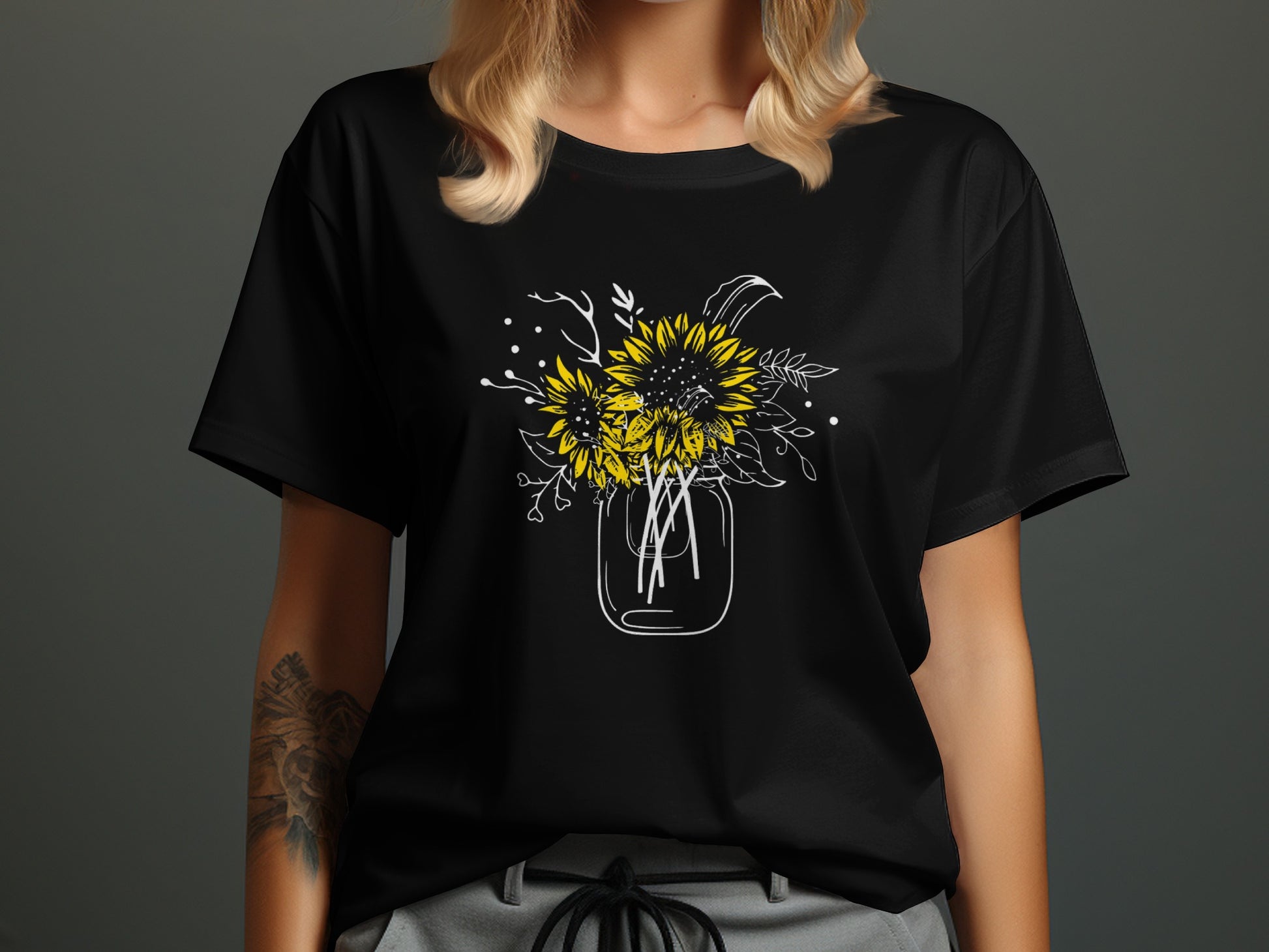 Black Tee Featuring Sunflower Bouquet Artwork