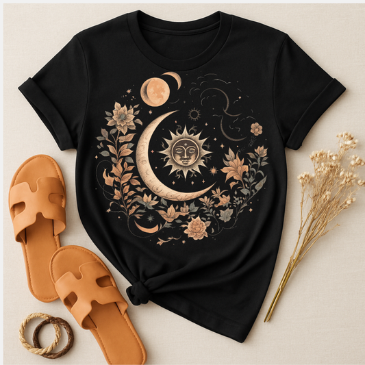 Mystical Sun and Moon Illustration T-shirt