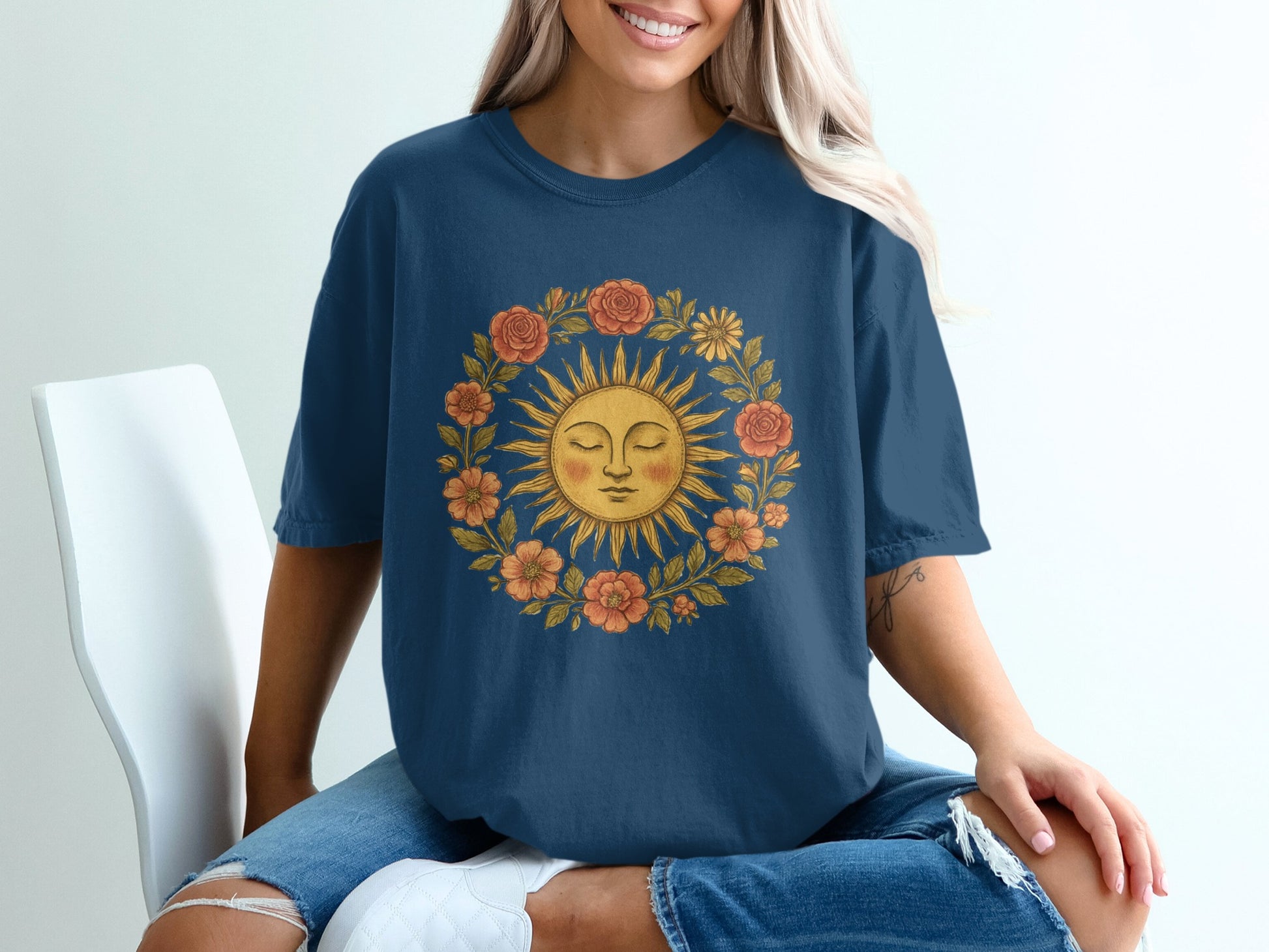 Sun and Floral Graphic Design Blue T-Shirt product