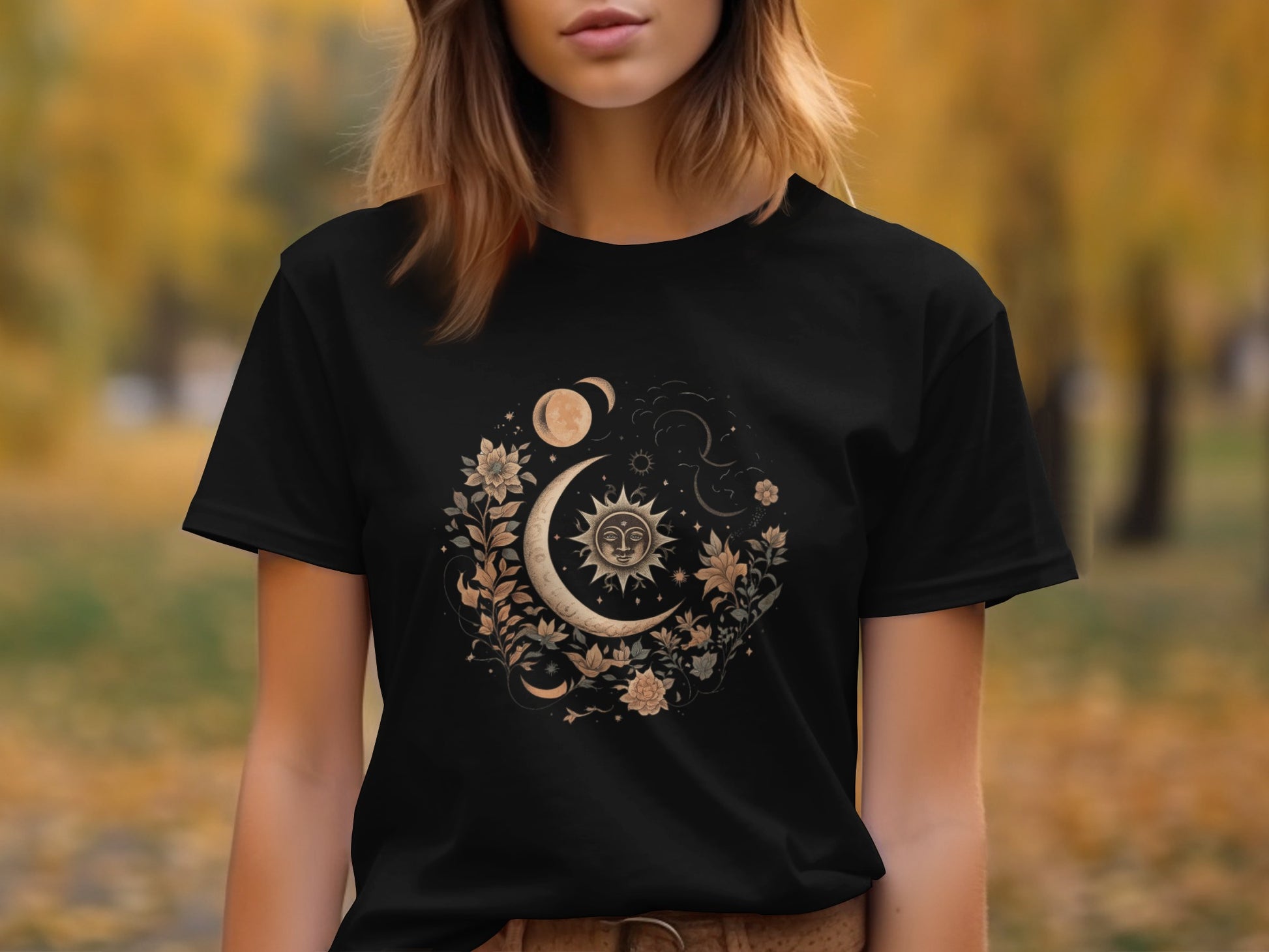 Elegant Celestial Sun and Moon Design T-shirt