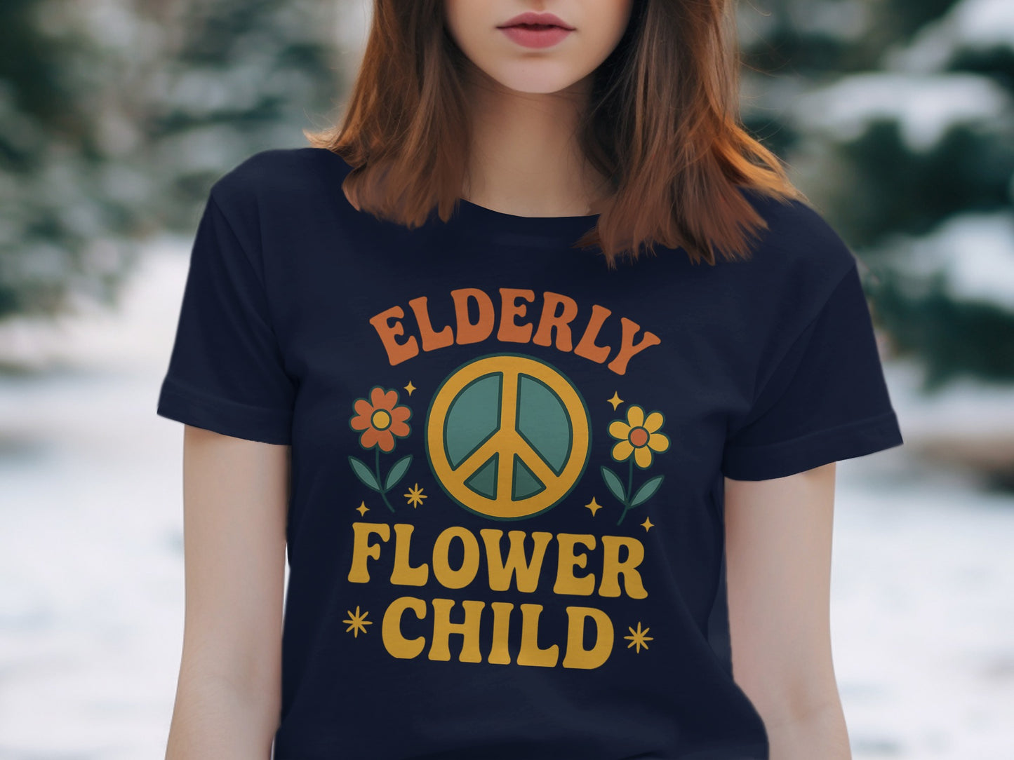 Elderly Flower Child Peace Sign Graphic T-Shirt product