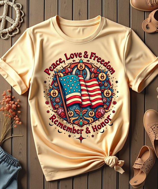 Groovy Remembrance: Peace, Love & Freedom" Tshirt