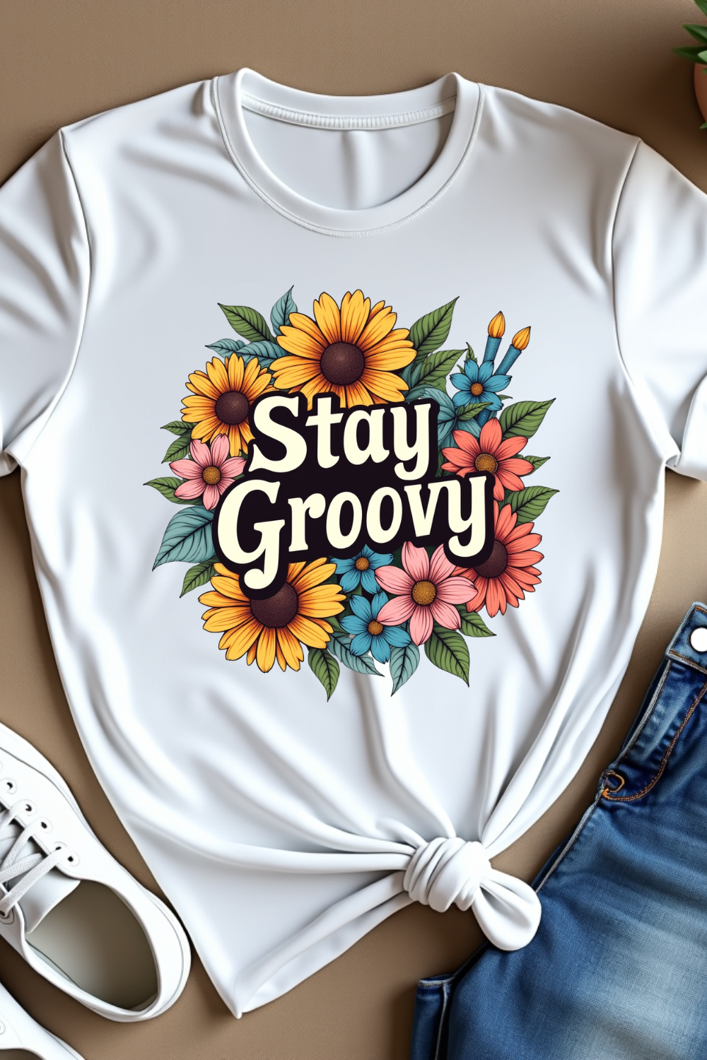 Stay Groovy Retro T-Shirt Design – 70s Hippie Graphic with Flowers & Peace Signs"
