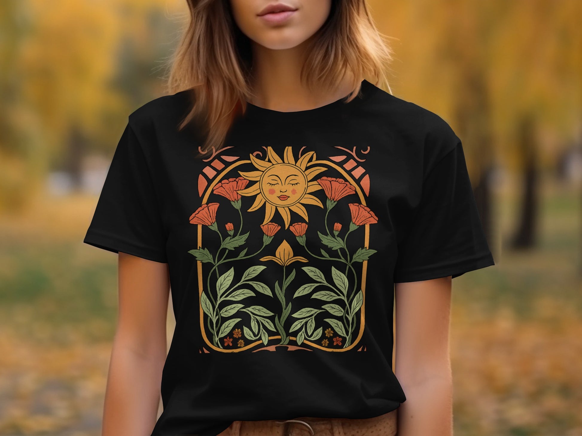 Sunflower and Floral Design Black T-Shirt product type