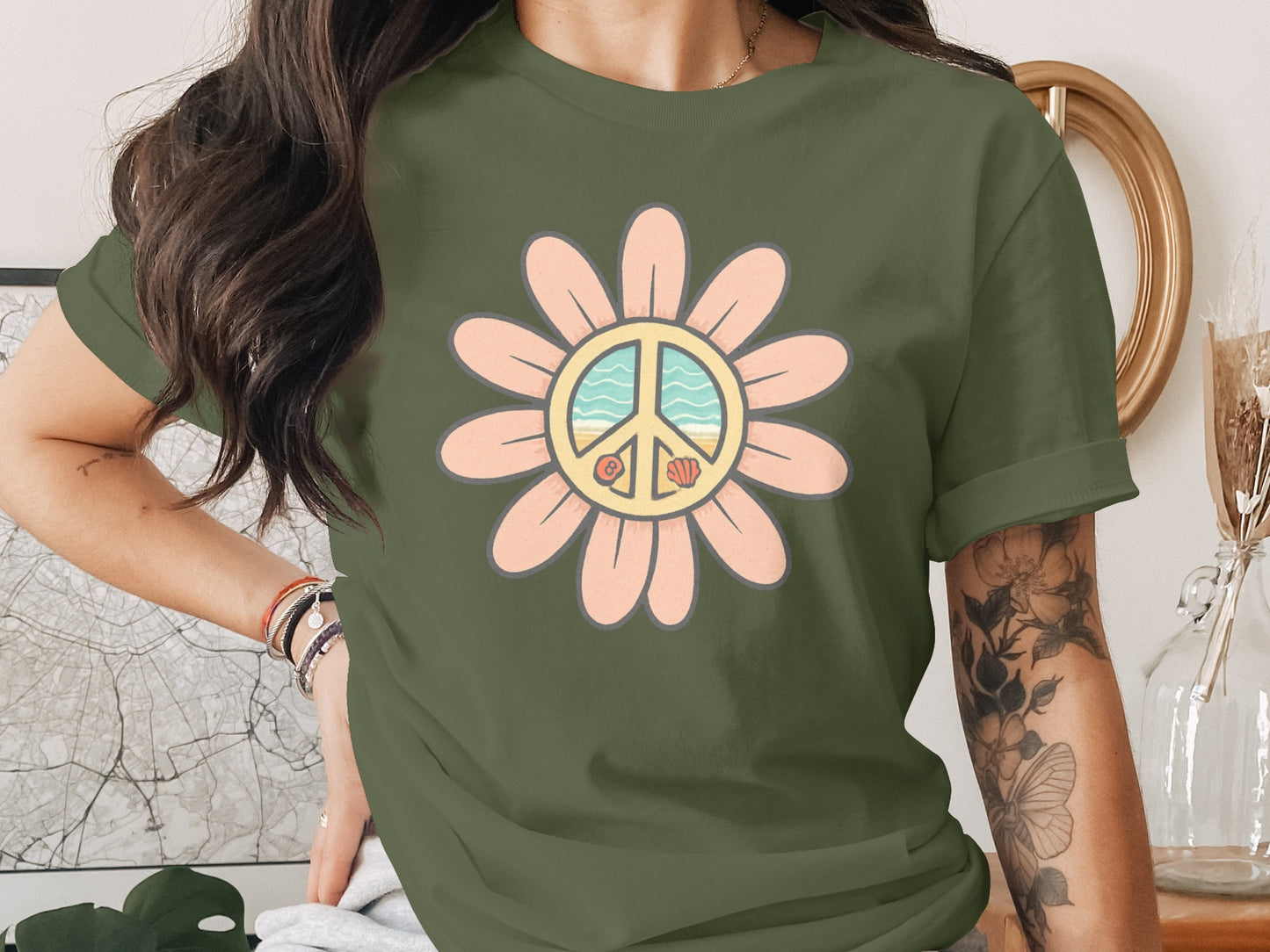 Peace Symbol and Floral Graphic T-shirt product