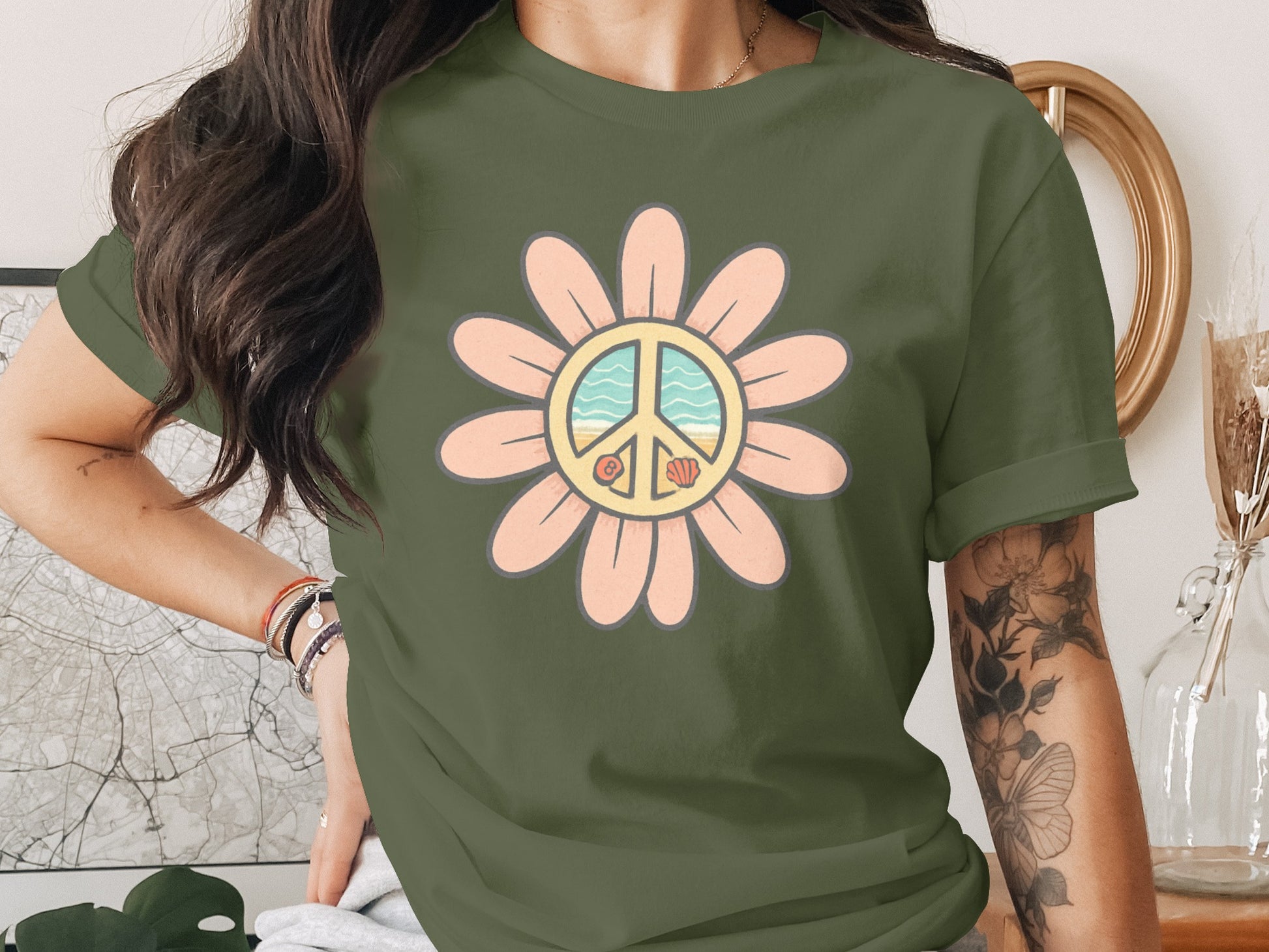 Peace Symbol and Floral Graphic T-shirt product