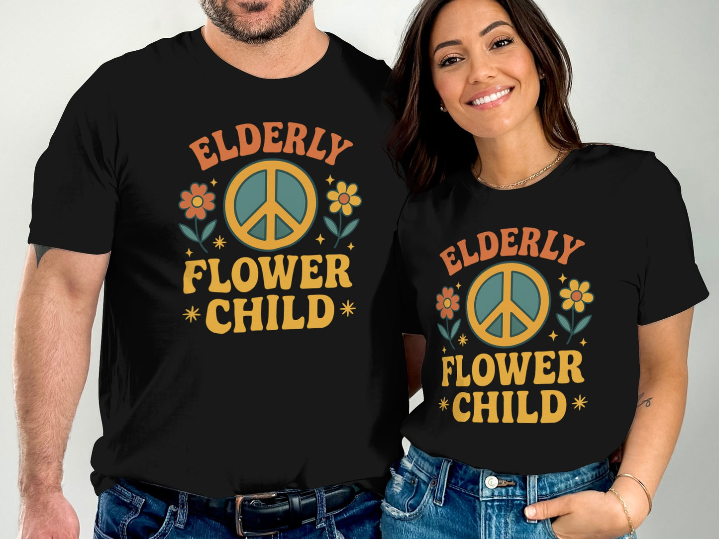 Elderly Flower Child Peace Sign Graphic Tee Shirt product