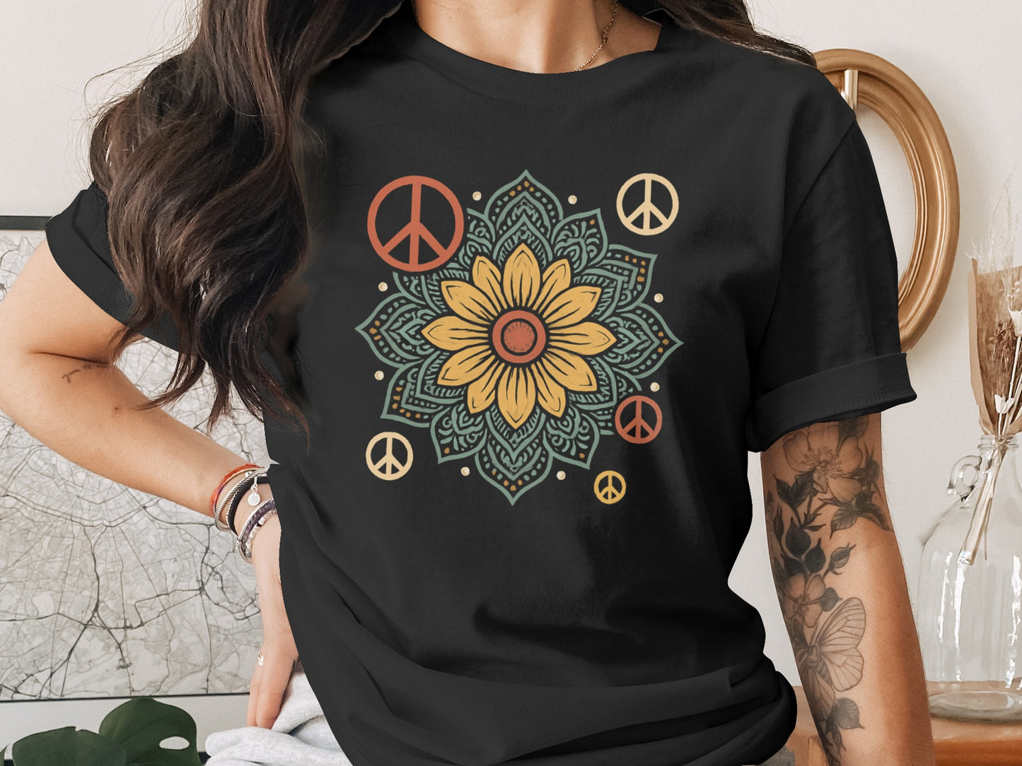 Bohemian Peace Flower Graphic Womens T-shirt product