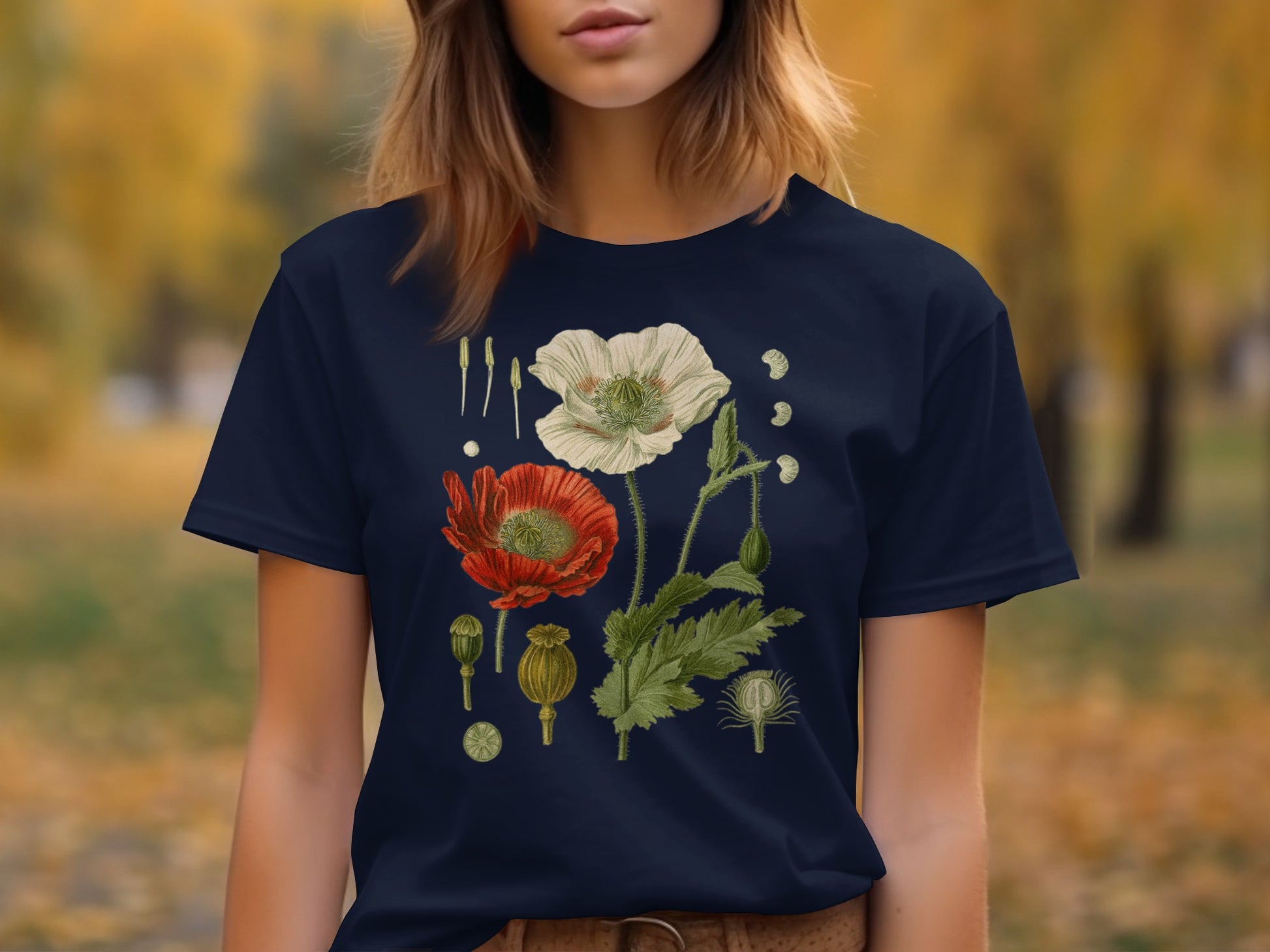 Botanical Poppy Flowers Dark Graphic T-Shirt product