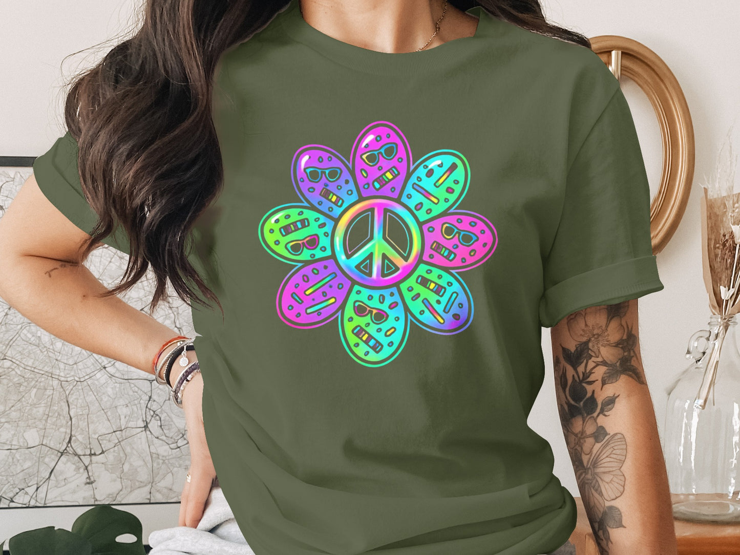 Colorful Flower with Peace Sign Graphic Shirt product