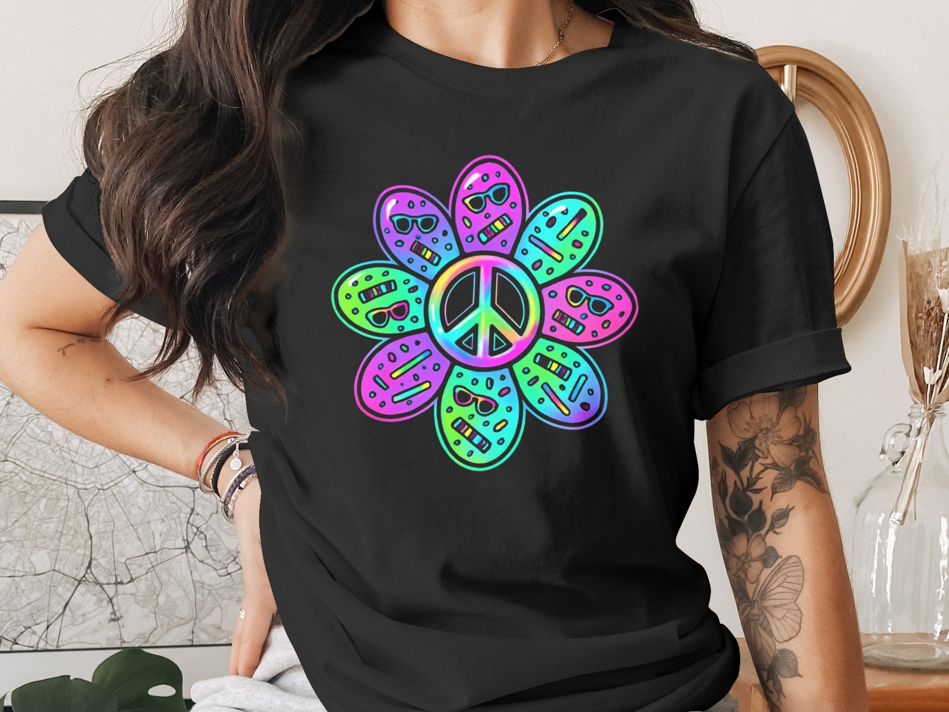 Rainbow Peace Sign Flower Graphic T-Shirt product