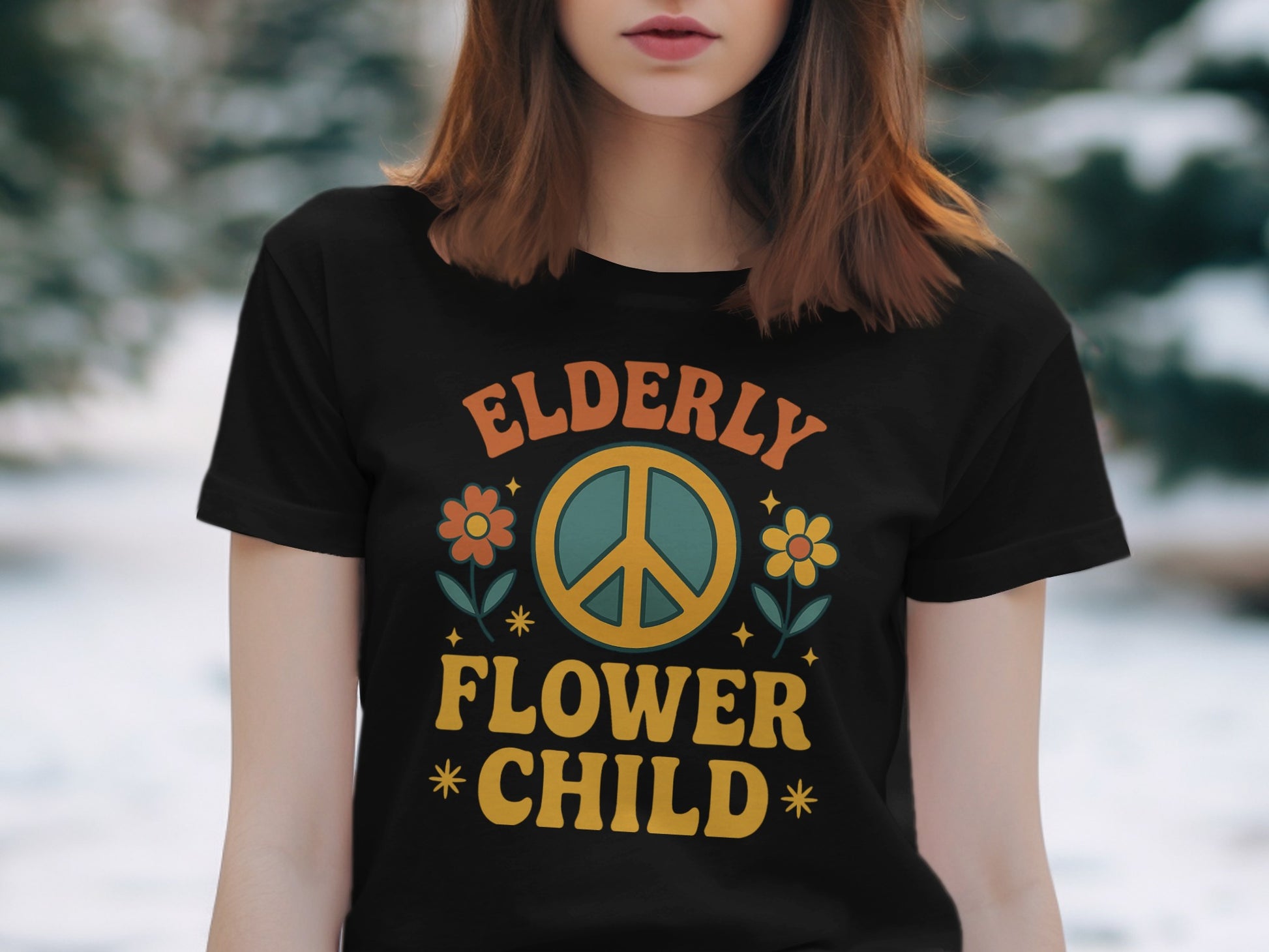 Elderly Flower Child Peace Symbol Graphic T-shirt product type