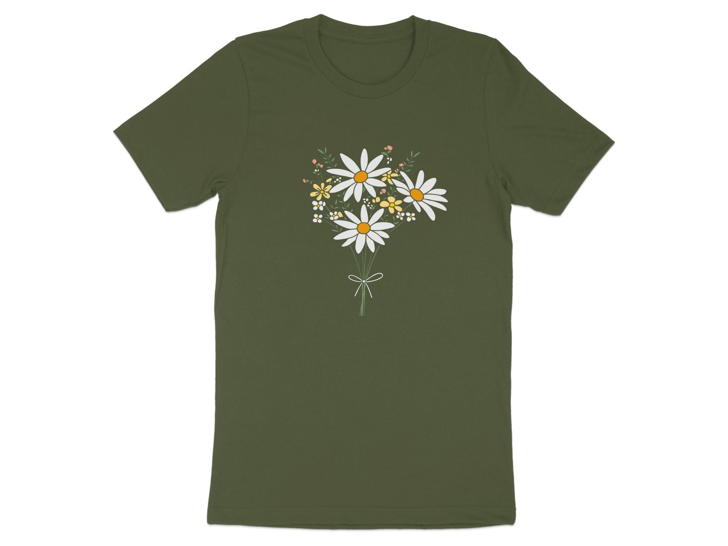 Elegant Daisy Bouquet Design on Green T-Shirt