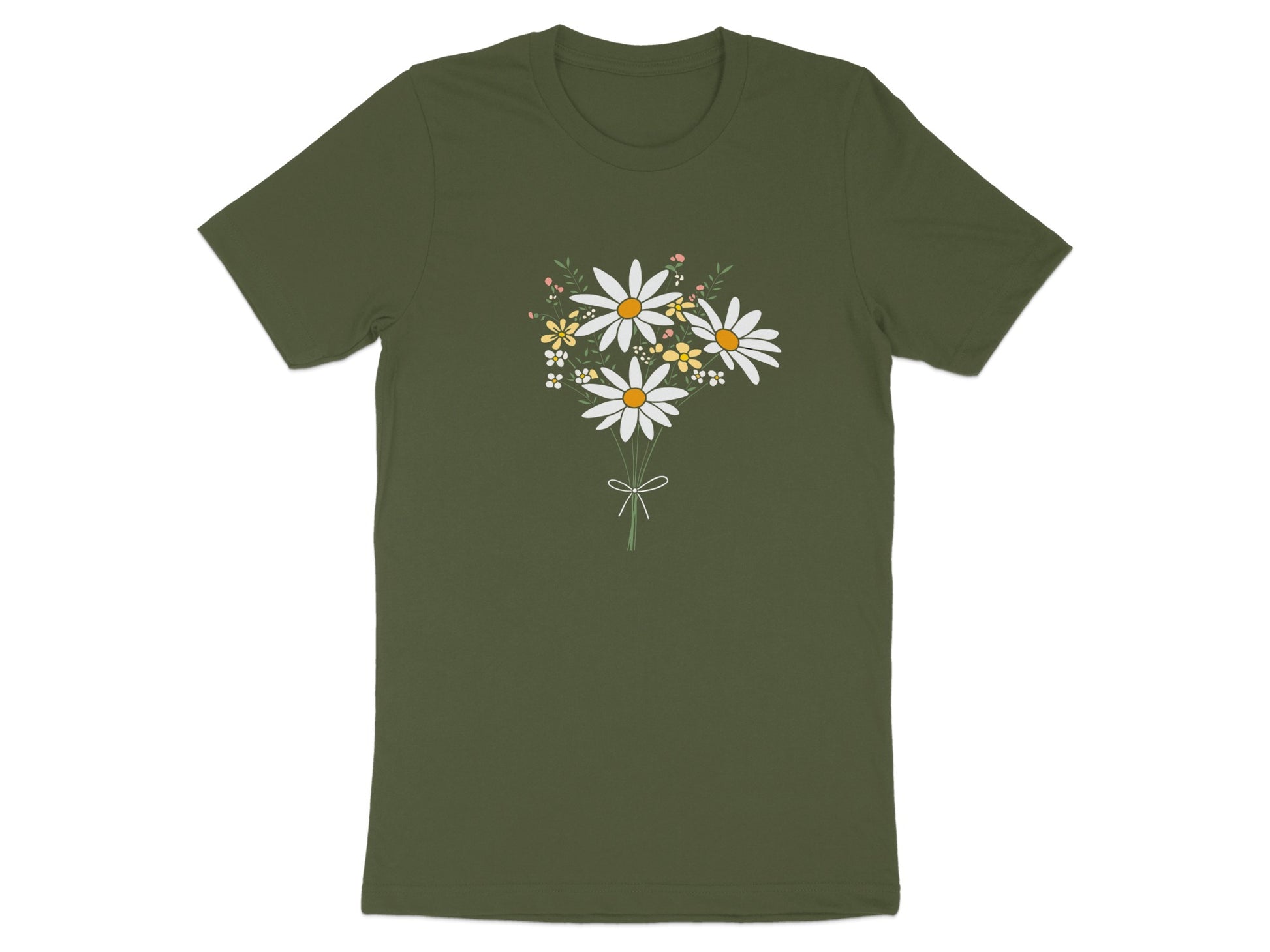 Elegant Daisy Bouquet Design on Green T-Shirt