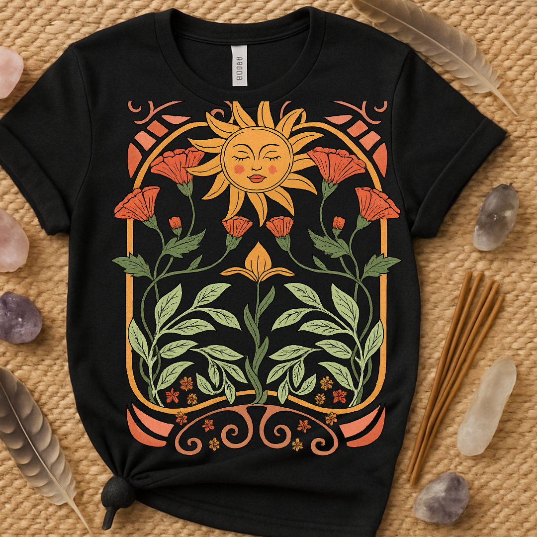 Bohemian Sun and Floral Print Design T-Shirt product type