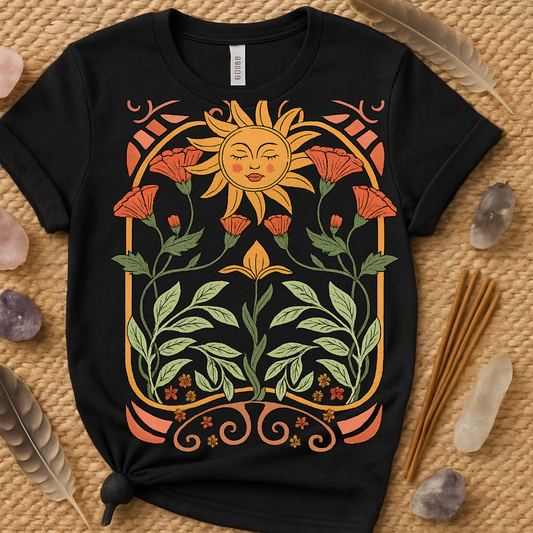 Bohemian Sun and Floral Print Design T-Shirt product type