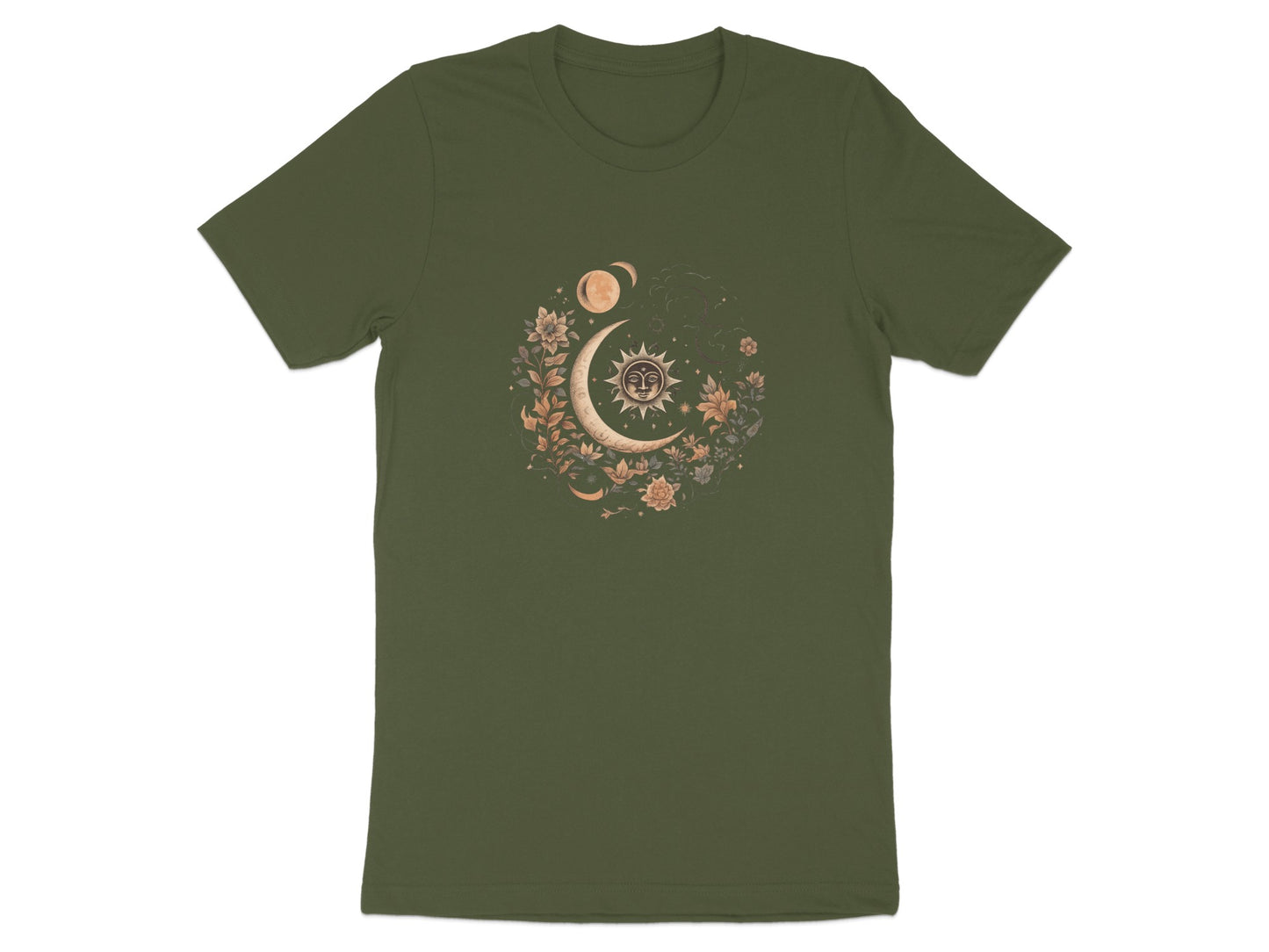 Celestial Sun and Moon Floral Design T-shirt
