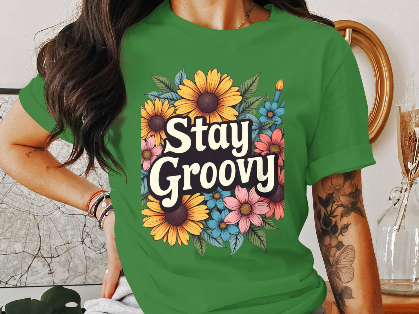 Stay Groovy Sunflower Design on T-Shirt product