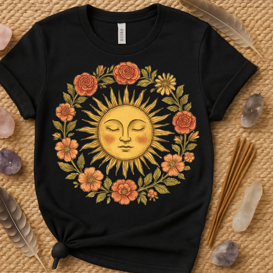 Vintage Sun and Floral Graphic Black Tee product