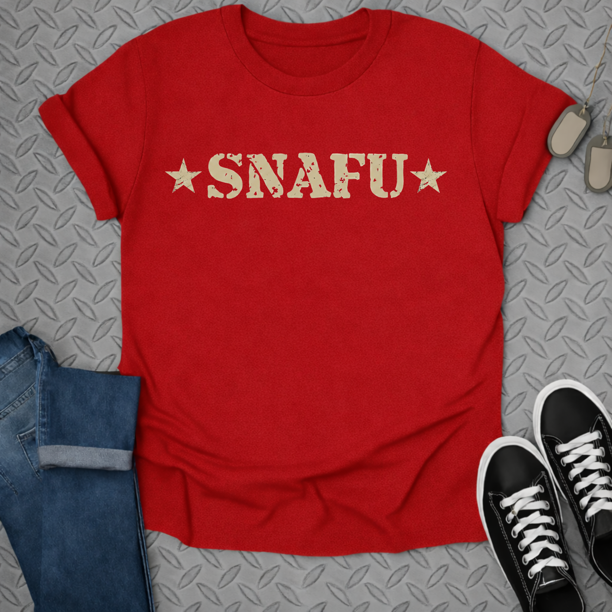 SNAFU Star Design Red Casual Graphic T-shirt