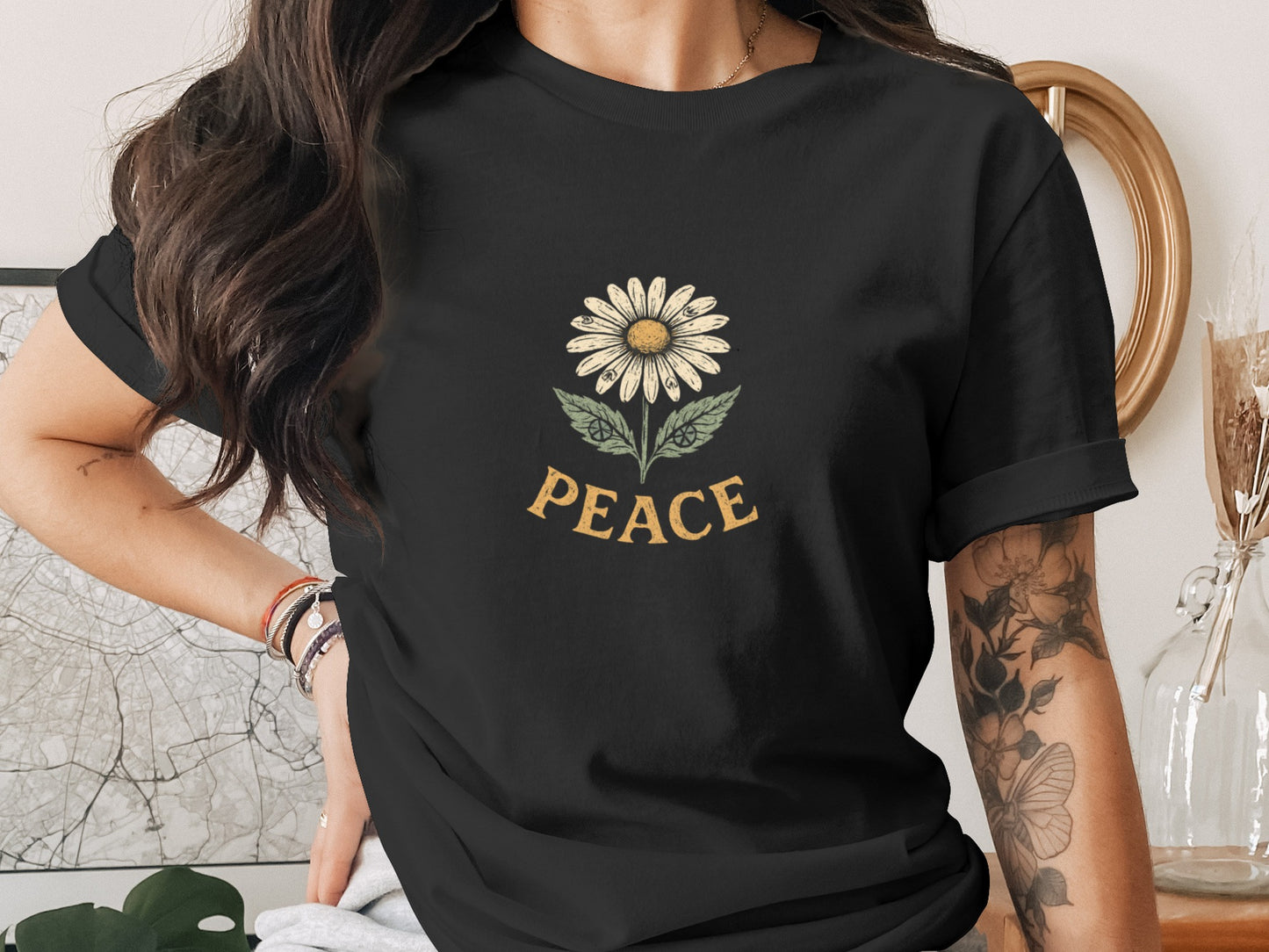 Peace Daisy Graphic Print Black T-shirt product