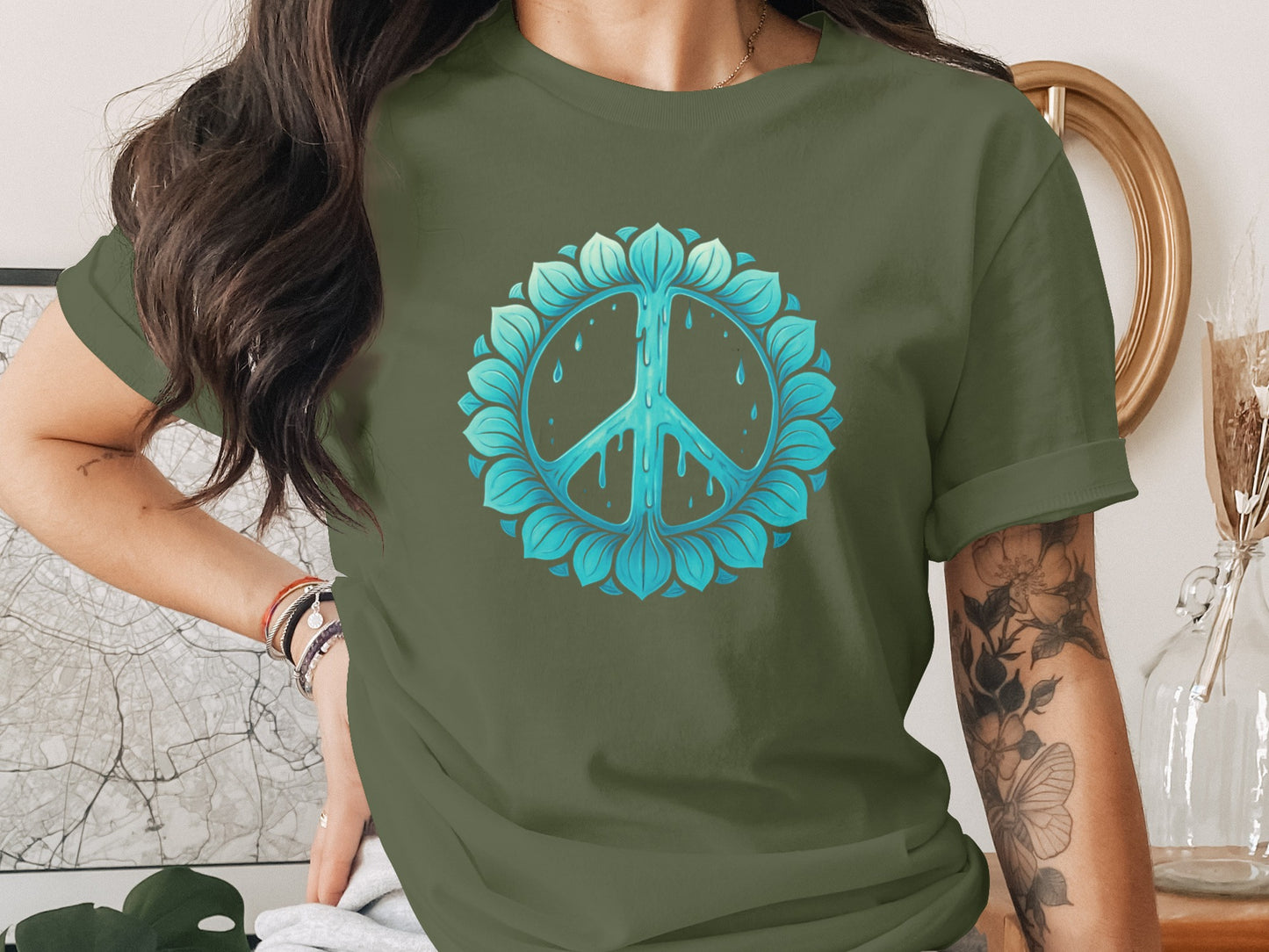 Green Tee with Peace Sign Artwork Graphic T-shirt product