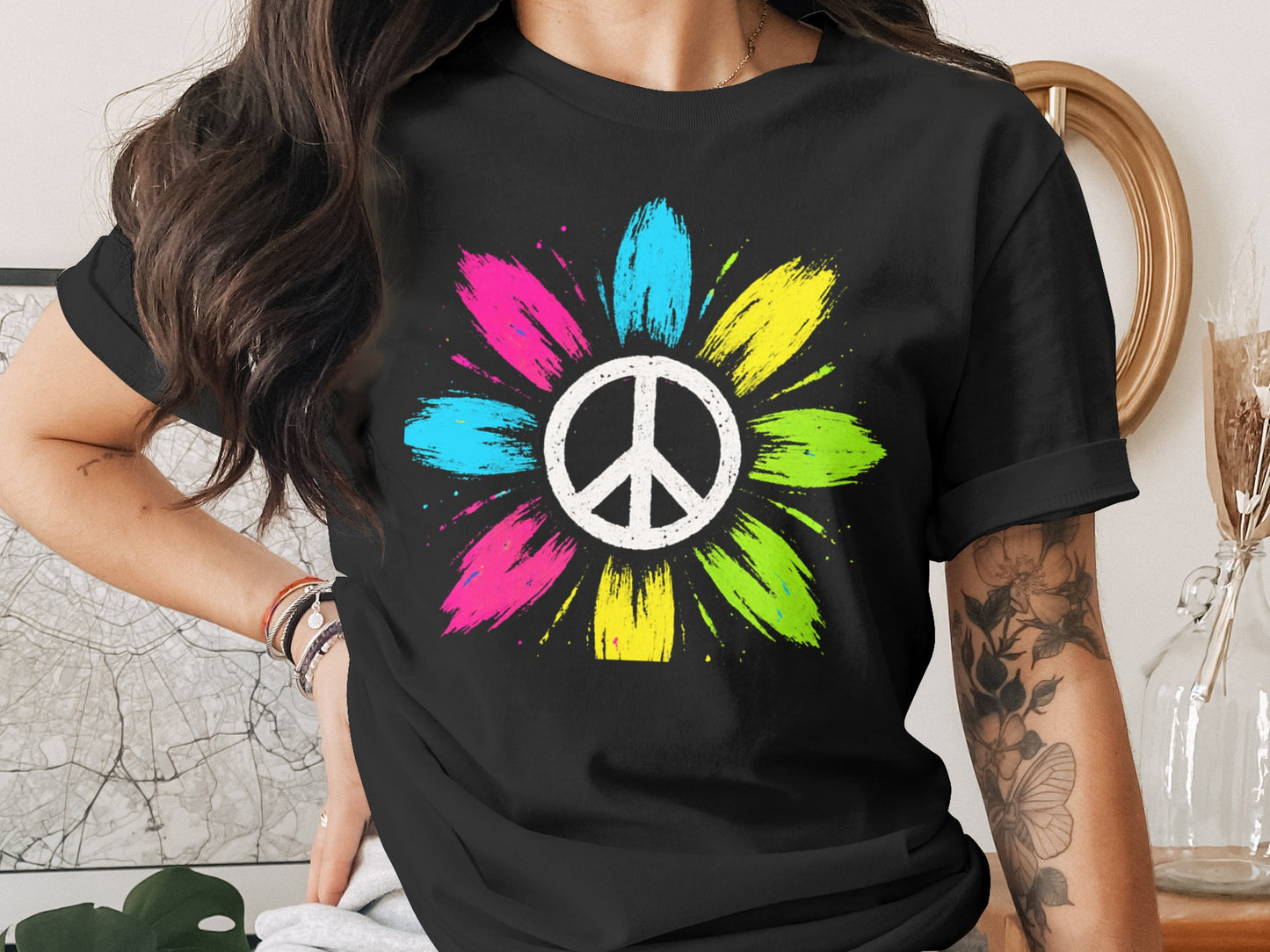 Colorful Peace Sign with Flower Graphic T-Shirt product type