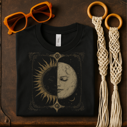 Celestial Sun Moon Face Graphic Tee Shirt