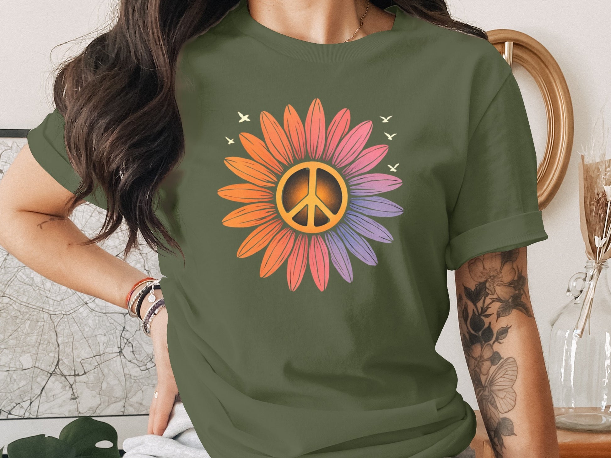 Peace Symbol in Colorful Sunflower Design T-shirt product type