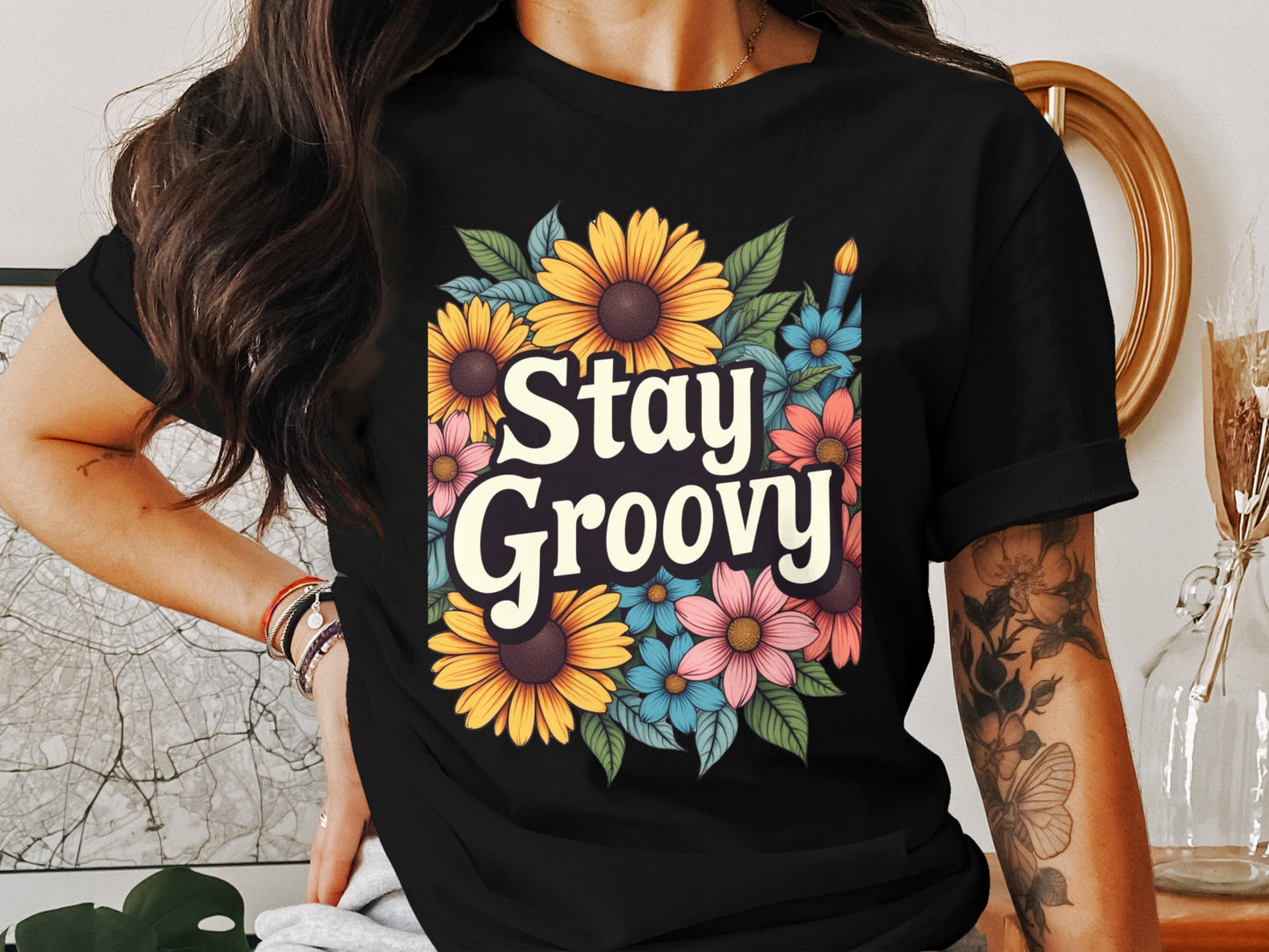Stay Groovy Floral Design Short Sleeve T-shirt product