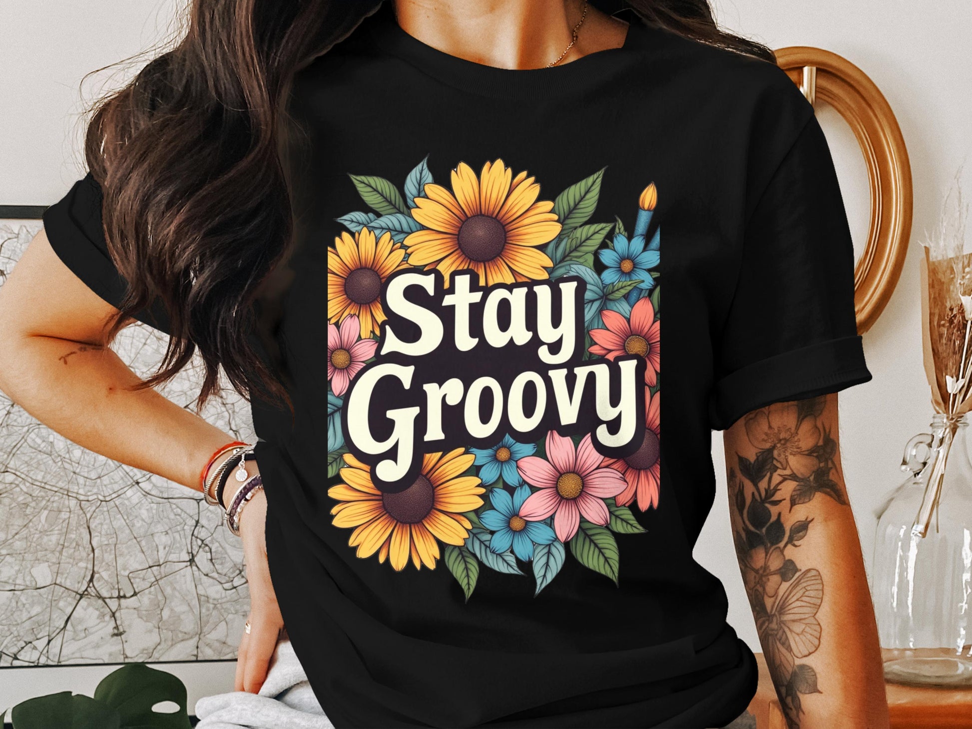 Stay Groovy Floral Design Short Sleeve T-shirt product