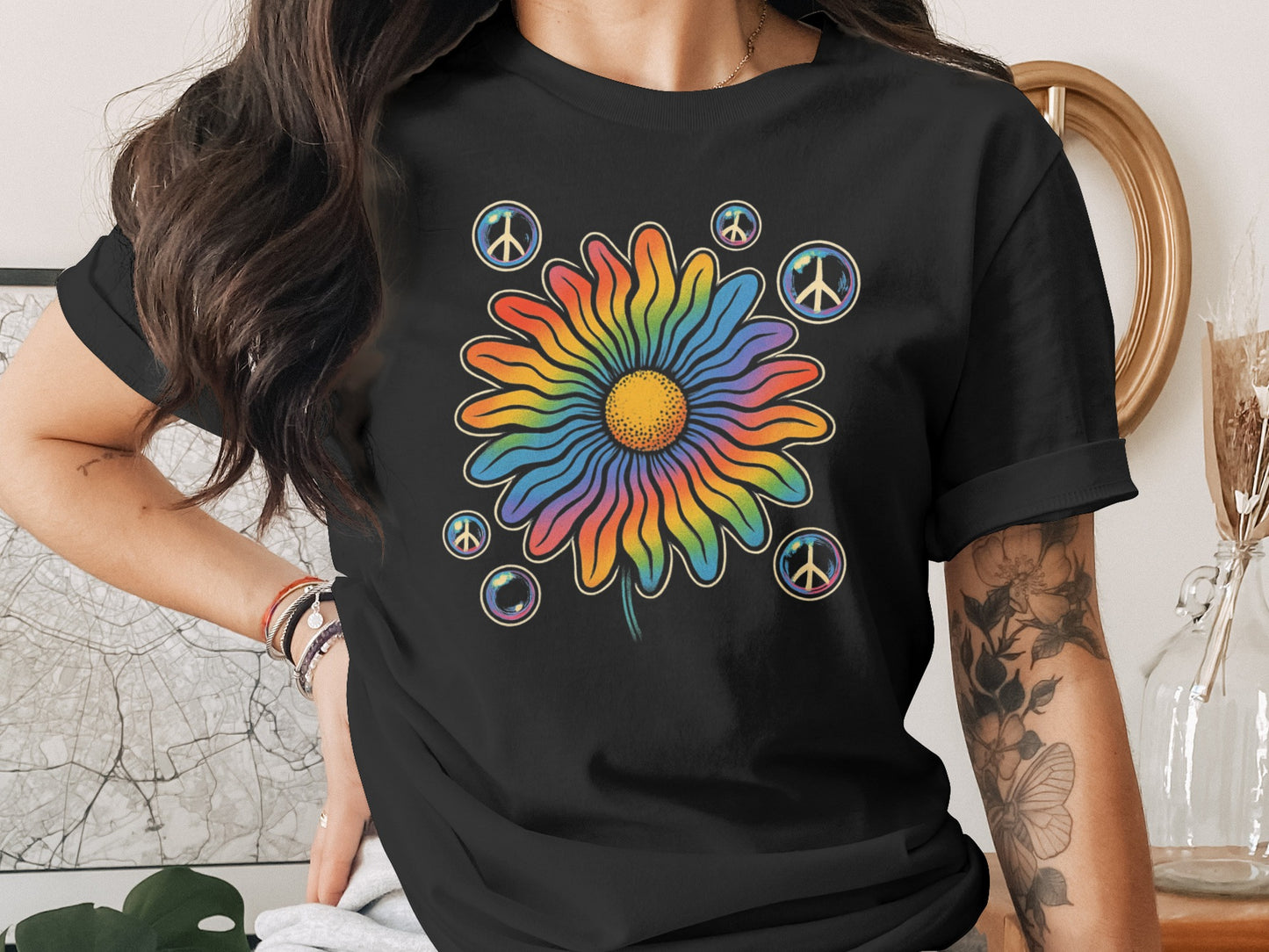 Colorful Peace Sign Flower Graphic T-shirt product type