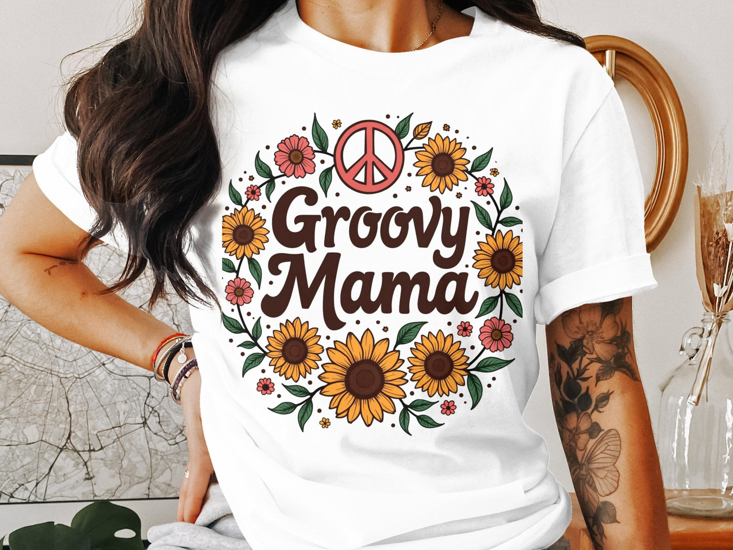 Groovy Mama Peace Sign Floral Design T-Shirt product type