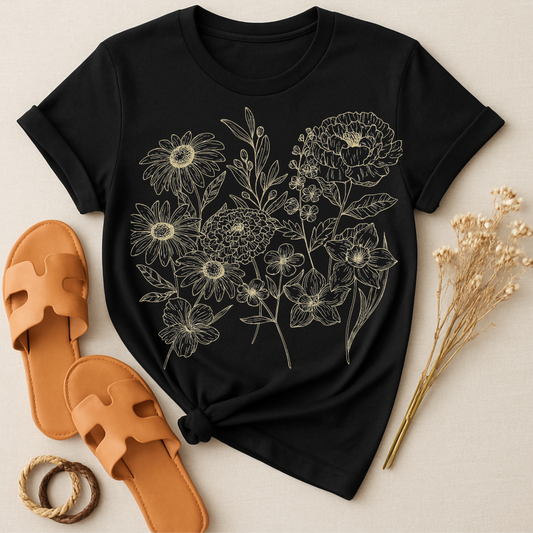 Elegant Floral Pattern Black T-shirt Fashion Product