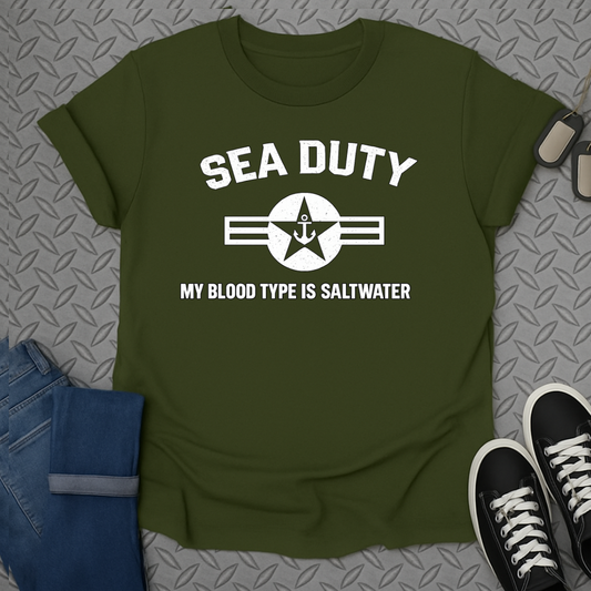 Olive green t-shirt with "SEA DUTY MY BLOOD TYPE IS SALTWATER" and star emblem.