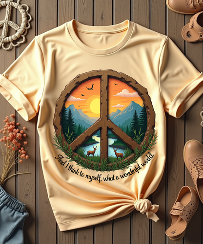 Rustic Peace Symbol with Sunset & Nature – Tranquil Outdoor-Inspired Design" tshirt
