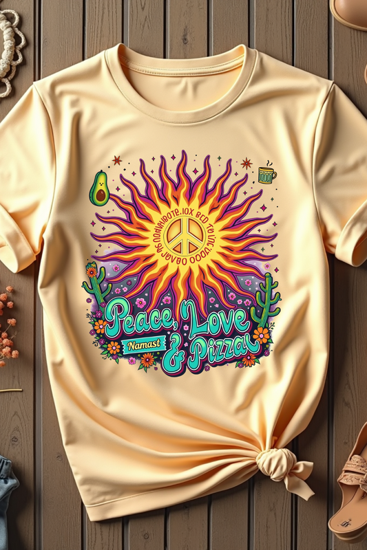 Retro Hippie T-Shirt Design with Vibrant Tie-Dye Sun & Funny Phrases – 70s Inspired Graphic for Funky Apparel"