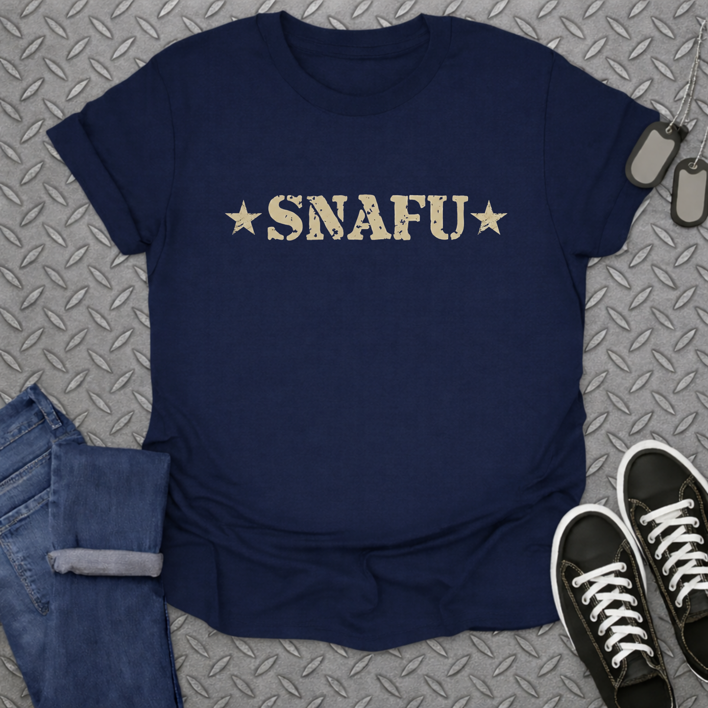 SNAFU Star Design Printed on Navy Blue T-Shirt